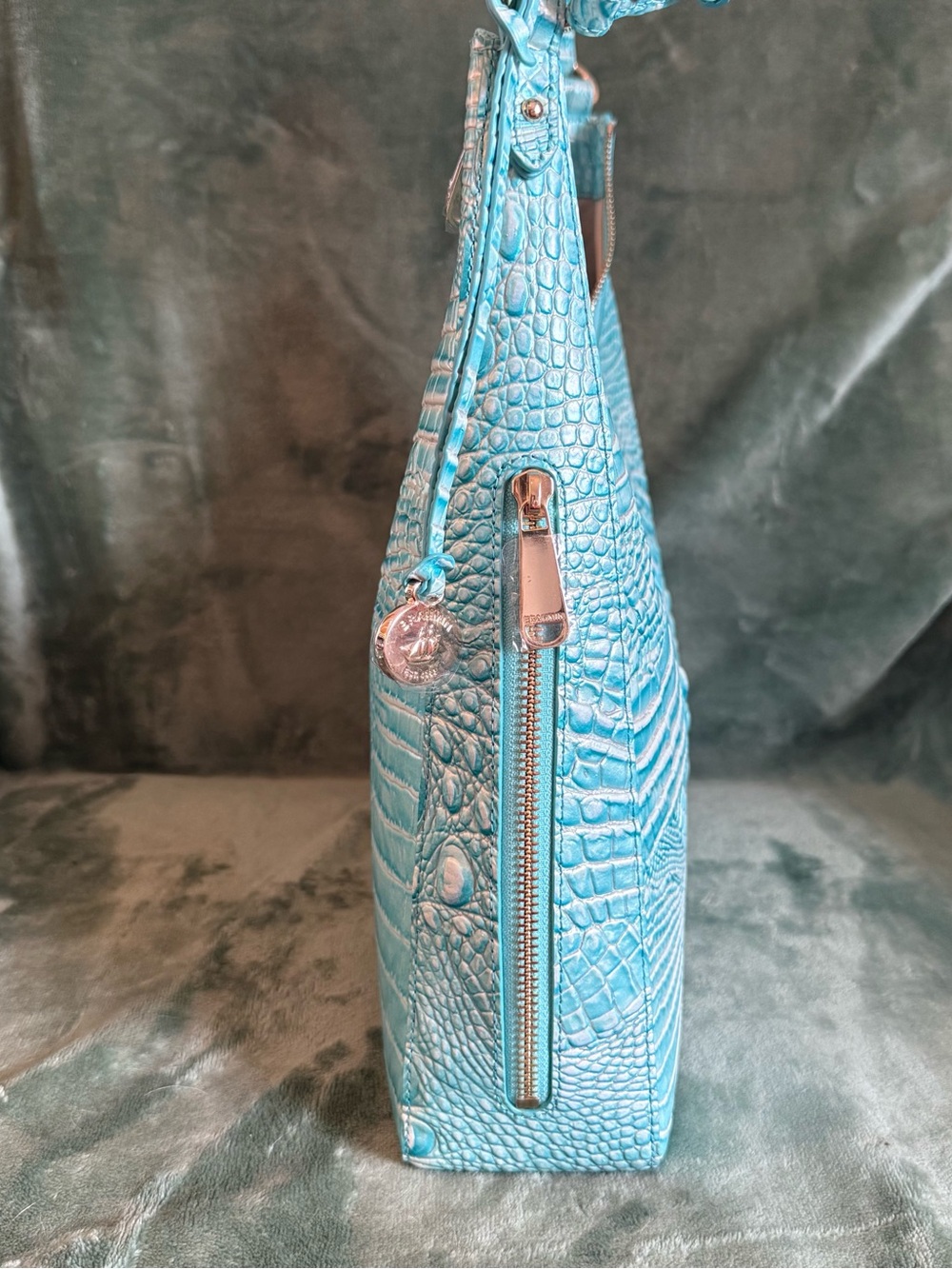 Brahmin Tabitha Melbourne Leather Shoulder Bag Aqua Blue Croc Embossed - Picture 3 of 7